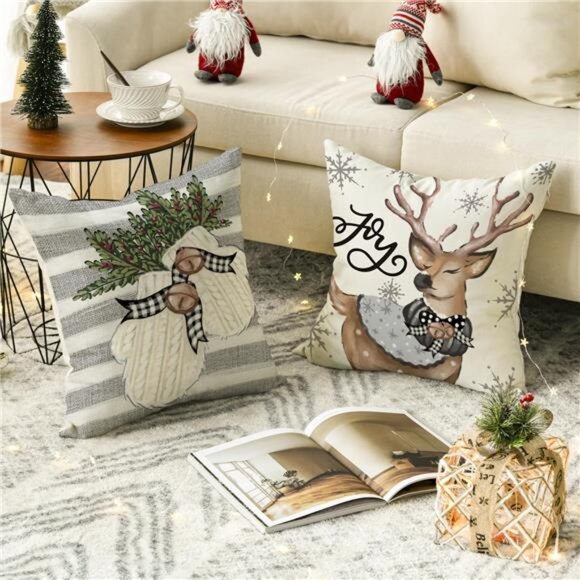 Set of 4 Christmas Pillow‎ Covers, 20x20 Snowman & Reindeer Eucalyptus Decor - Picture 4 of 7